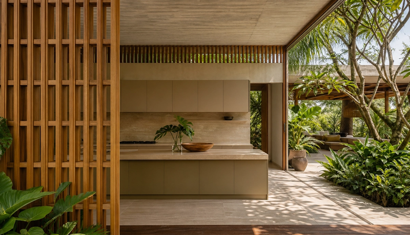 Tropical modern kitchen atmosphere with champagne-tone cabinetry, courtyard light, and warm residential hosting mood. — 304 stainless steel cabinetry editorial by Fadior