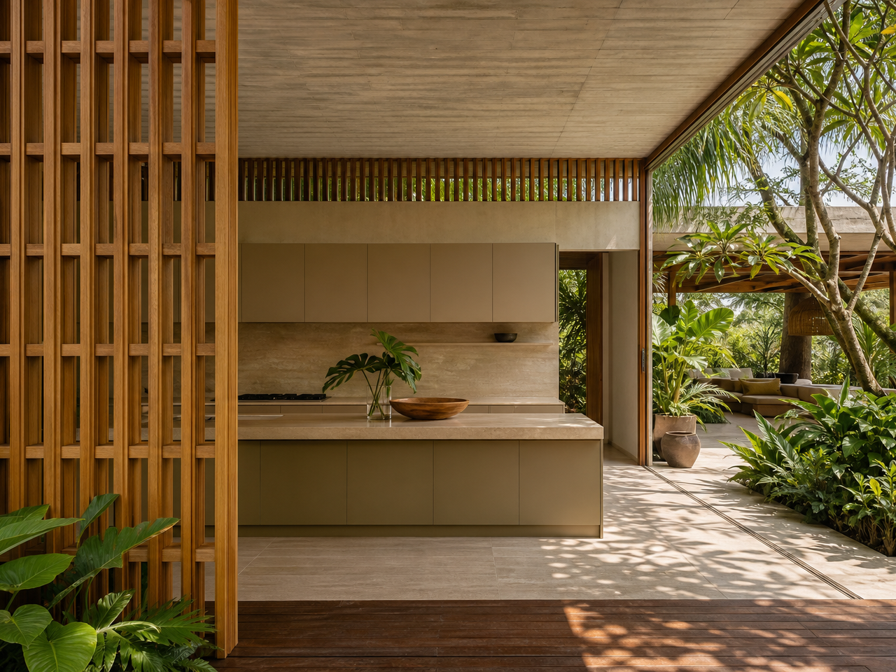 Tropical modern kitchen atmosphere with champagne-tone cabinetry, courtyard light, and warm residential hosting mood. — 304 stainless steel cabinetry editorial by Fadior