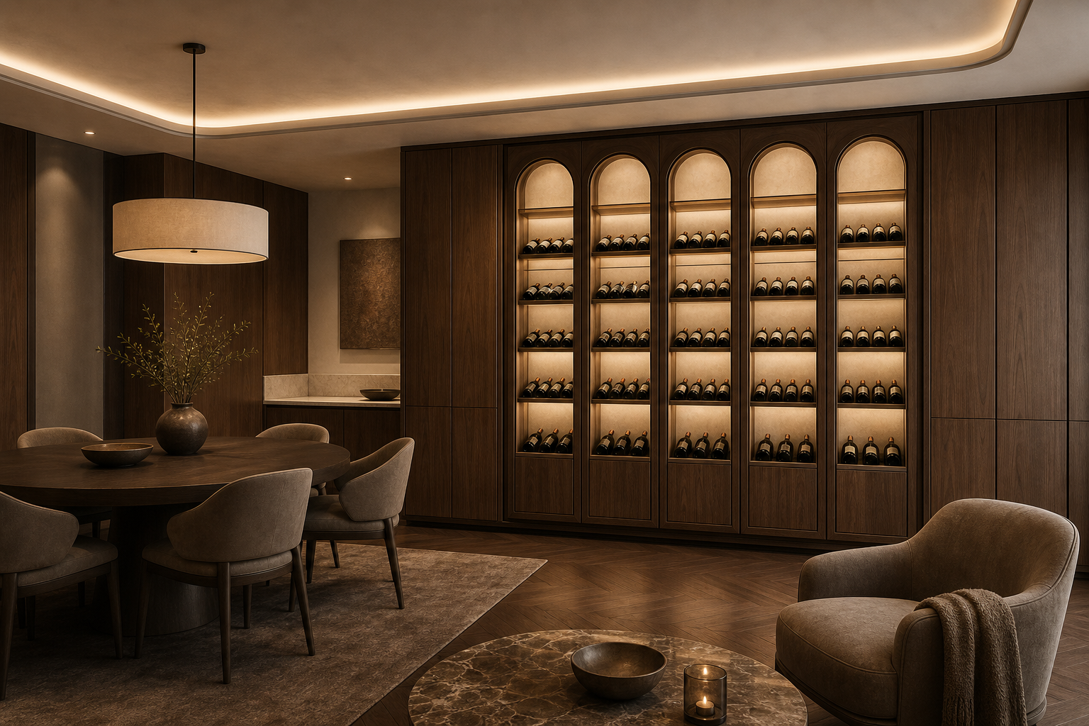 Fadior Cru Wine Cabinet Suite with Arched Cellar Ribbon — interior room context showing cabinet integration