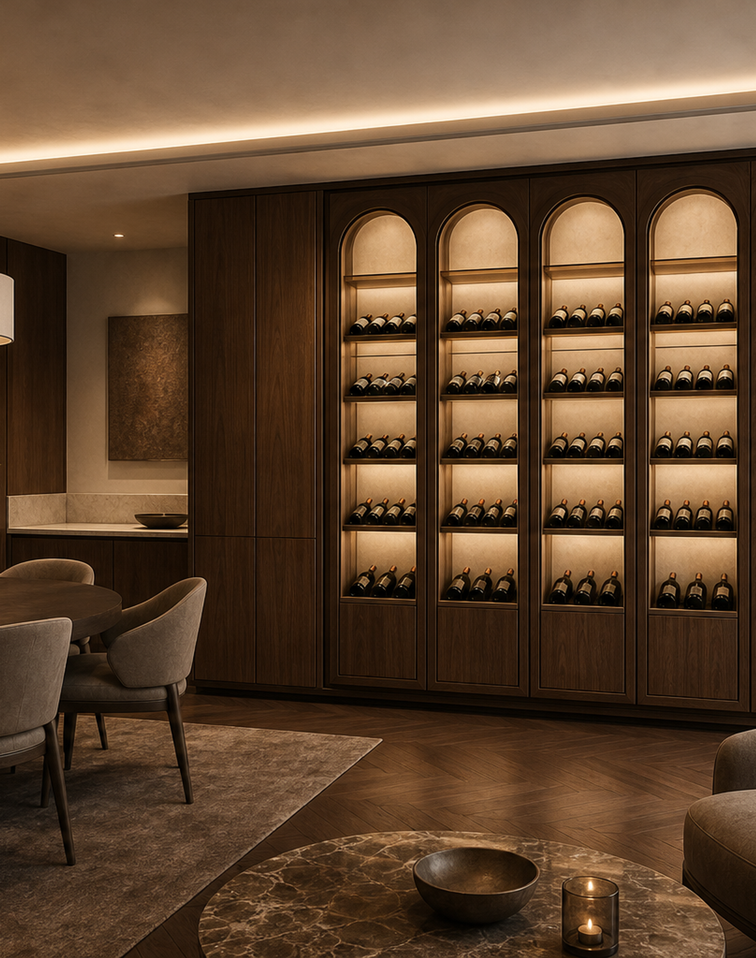 Fadior Cru Wine Cabinet Suite with Arched Cellar Ribbon — interior room context showing cabinet integration