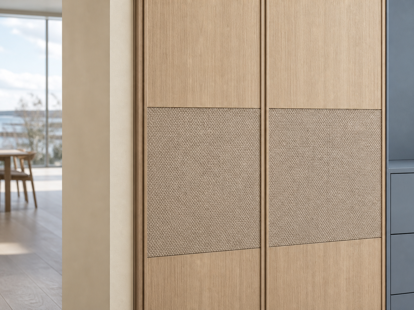 Fadior Onyx Wardrobe Suite with Misty Blue Dressing Alcove — close-up of stainless steel finish and hardware detail
