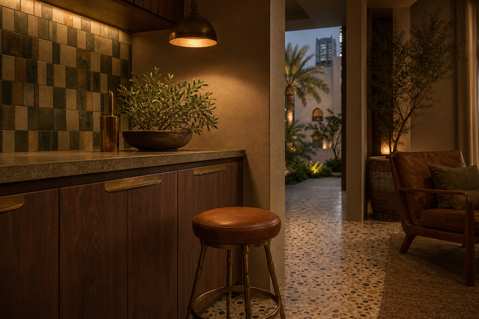 Fadior Riyadh Garden Courtyard Villa — cabinet face, counter edge, checkerboard tile, terrazzo floor