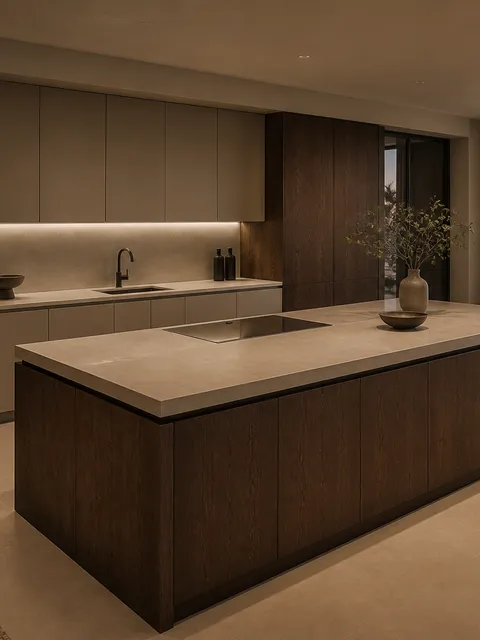 Fadior Armarios Meridian Sintered Stone Worktop Spine — 304 stainless steel kitchen system, front view