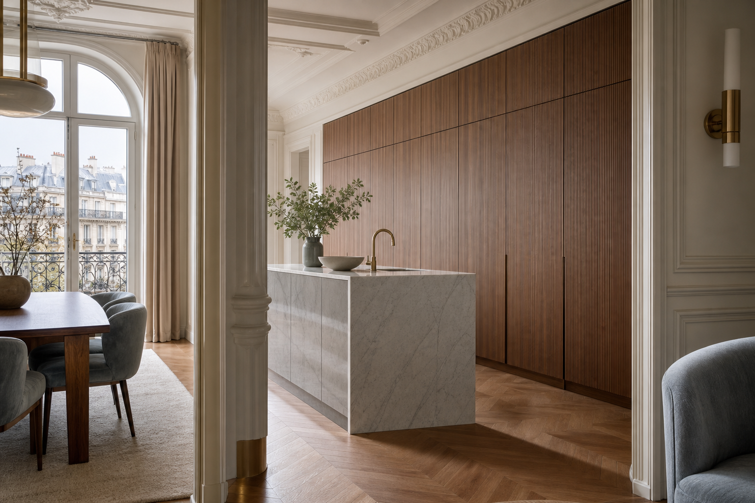 Fadior Meridian Kitchen Suite with Reeded Walnut Social Galley — lifestyle setting with natural light and residential styling