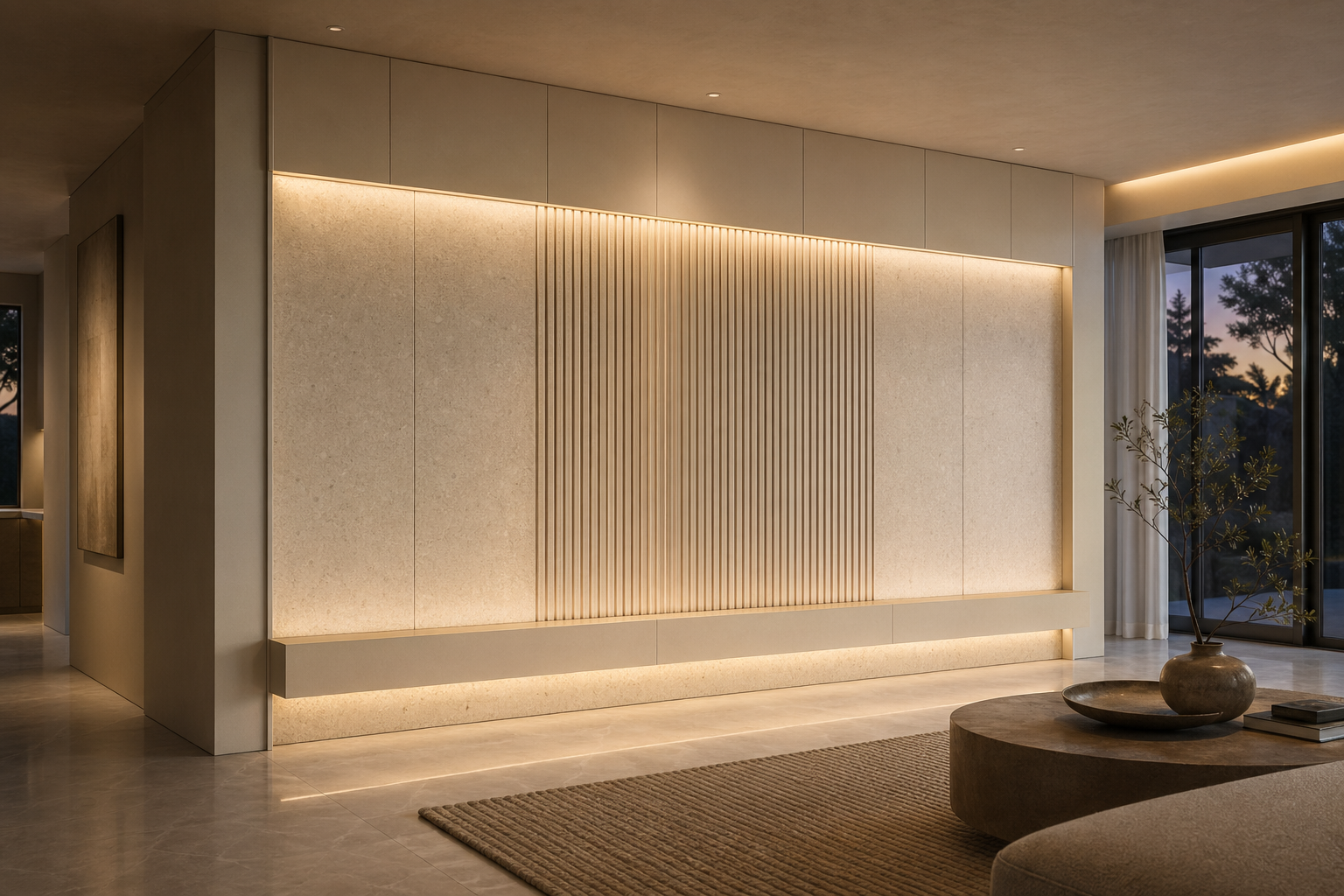 Fadior Terrazzo Wall Panel Suite with Ribbed Mineral Rhythm Plane — lifestyle setting with natural light and residential styling