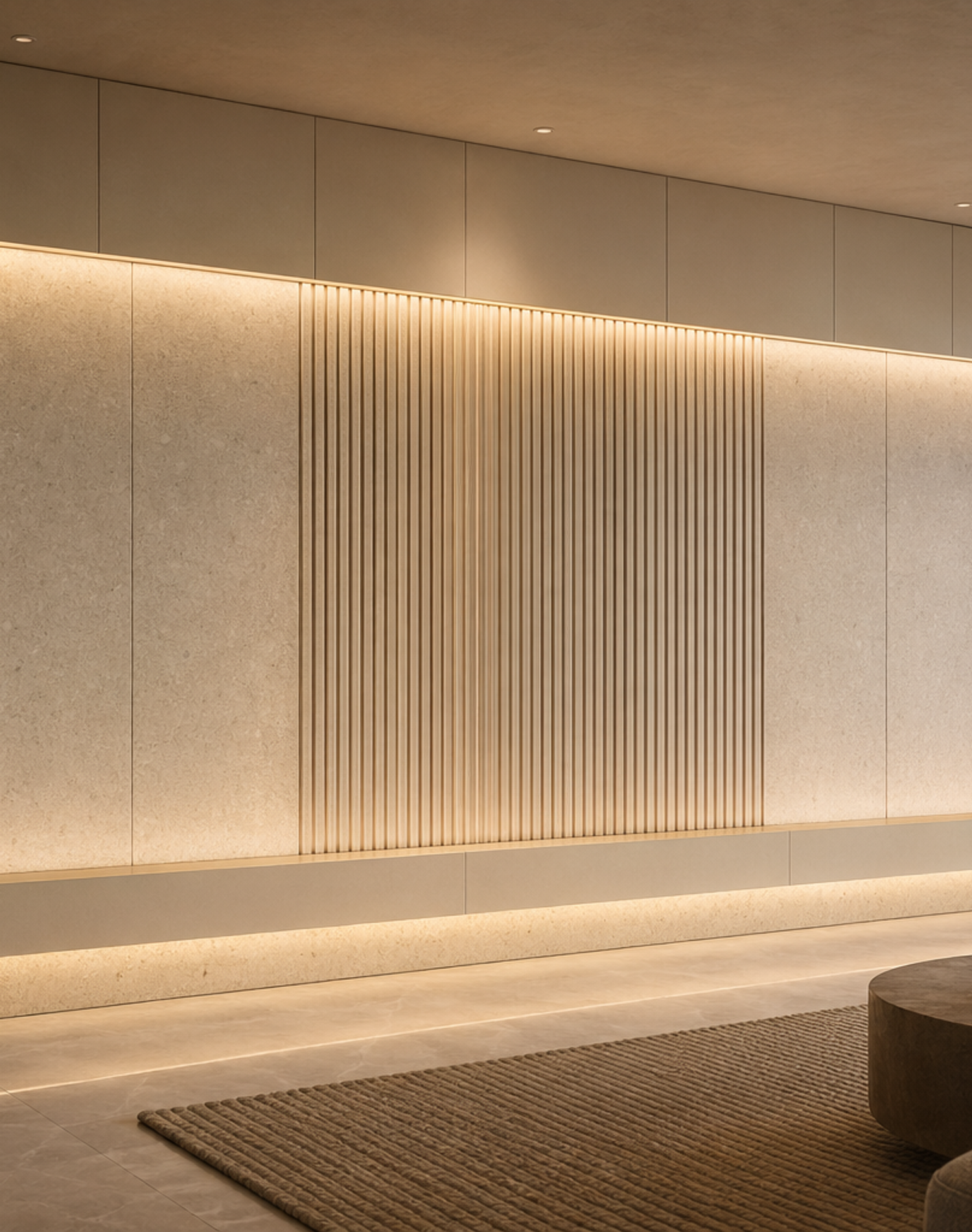 Fadior Terrazzo Wall Panel Suite with Ribbed Mineral Rhythm Plane — lifestyle setting with natural light and residential styling