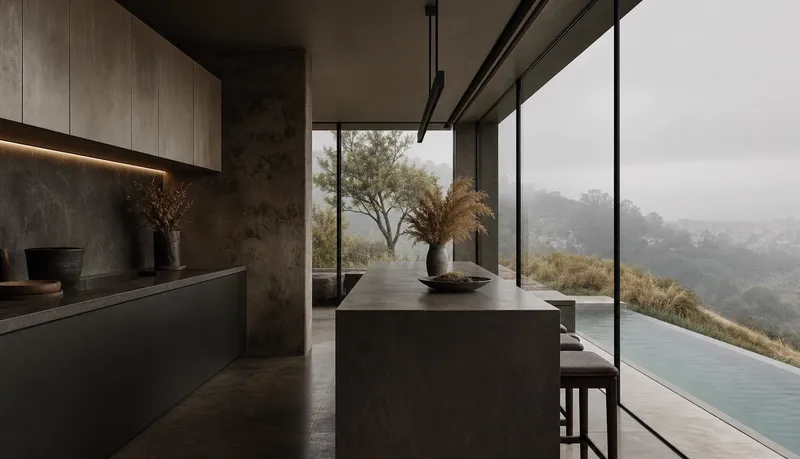 Kitchen atmosphere with espresso cabinetry, warm putty walls, and moody light for compact space planning. — 304 stainless steel cabinetry editorial by Fadior