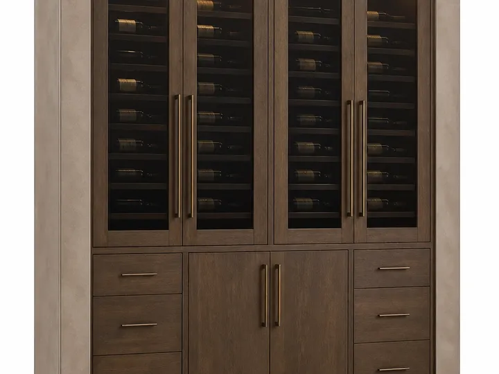 Fadior Grotto Wine Cabinet Suite with Cove Decanter Pantry — 304 stainless steel wine cabinet system, front view
