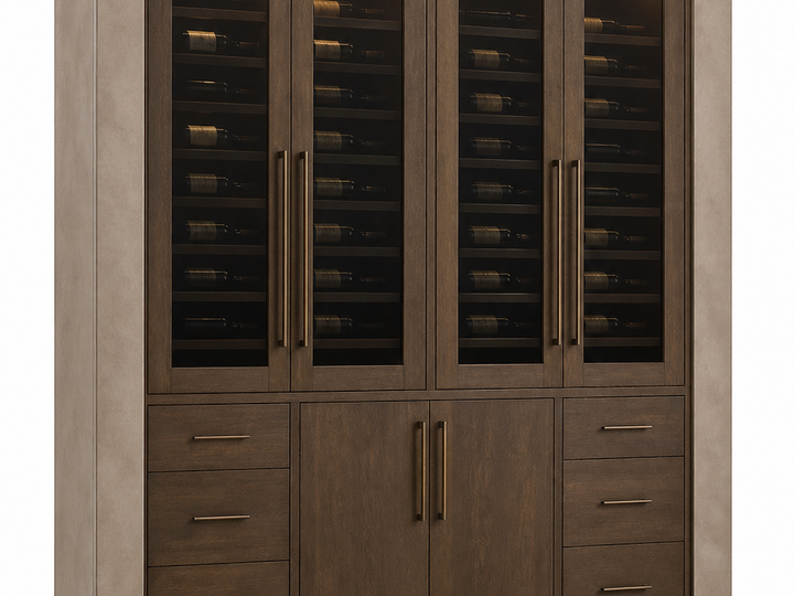 Fadior Grotto Wine Cabinet Suite with Cove Decanter Pantry — 304 stainless steel wine cabinet system, front view