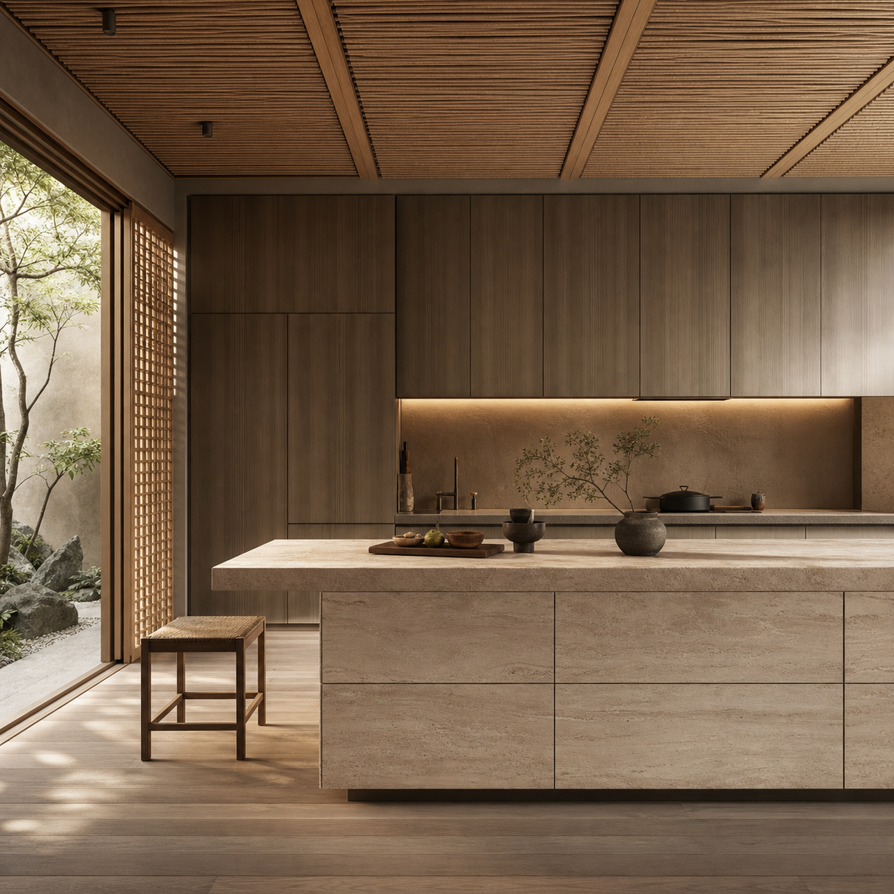 Fadior Armarios Meridian Kitchen Suite with Fenix Travertine Wall — lifestyle setting with natural light and residential