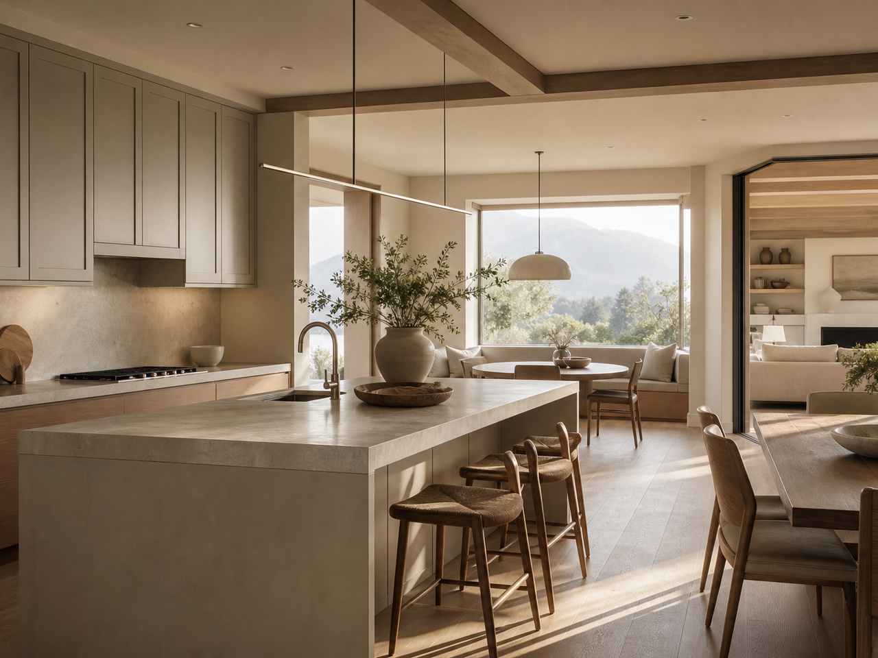 Warm villa kitchen core connecting island, breakfast nook, dining, and lounge in soft morning light. — 304 stainless steel cabinetry editorial by Fadior
