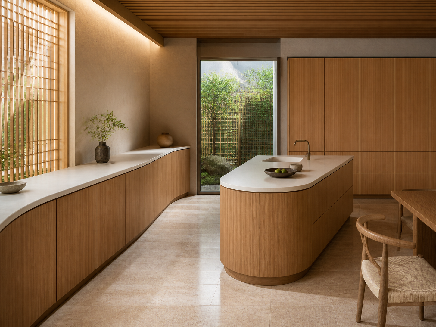 Fadior Silkstone Kitchen with Seamless Solid-Surface Spine — interior room context showing cabinet integration
