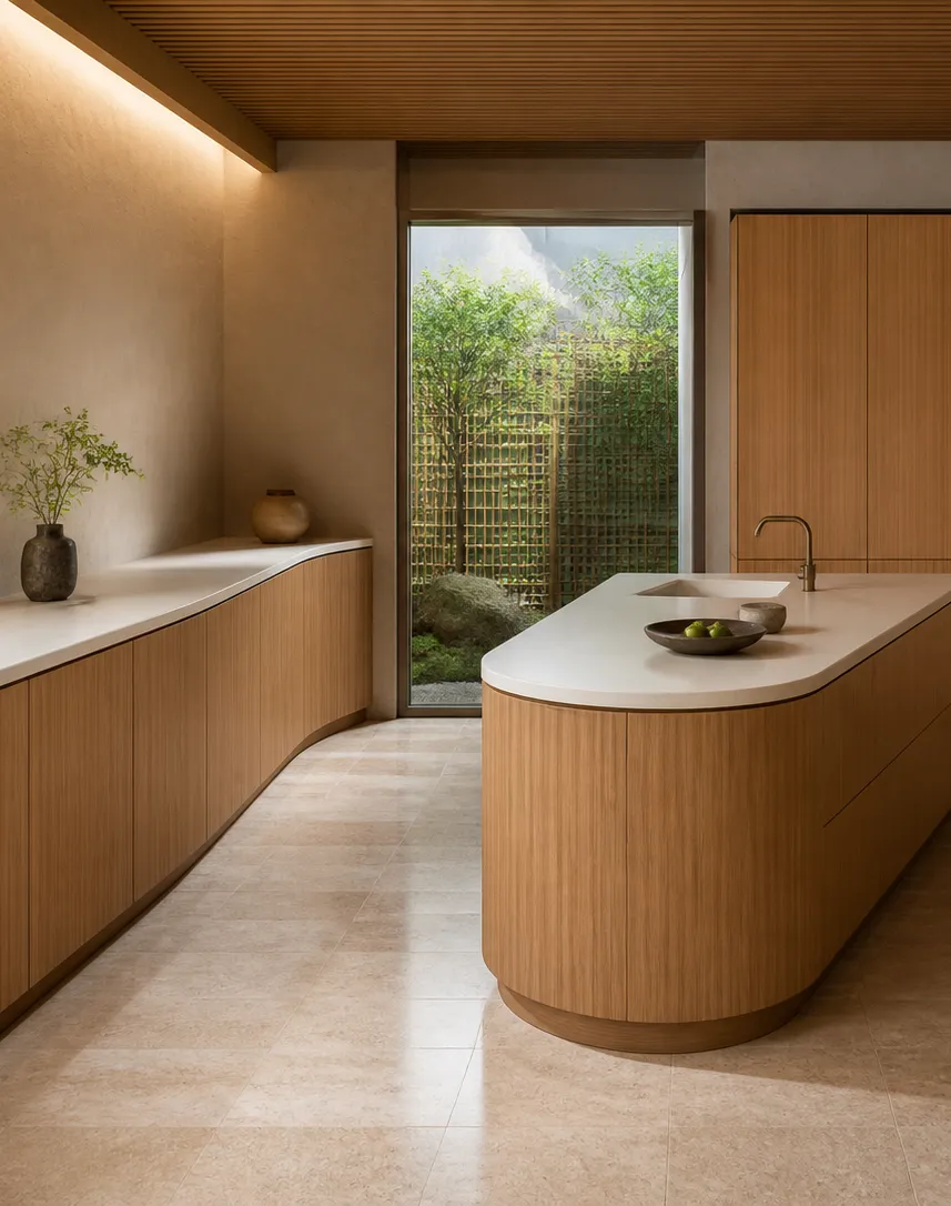 Fadior Silkstone Kitchen with Seamless Solid-Surface Spine — interior room context showing cabinet integration