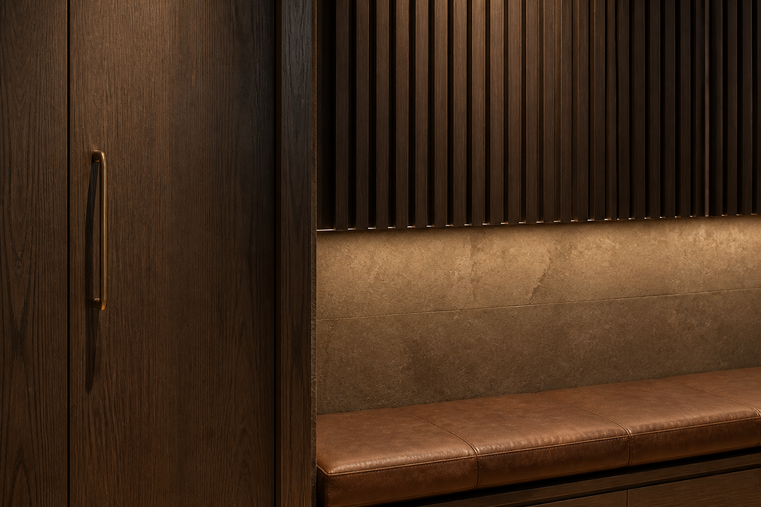 Fadior Zenith Living Room Suite with Layered Timber Media Veil — close-up of stainless steel finish and hardware detail
