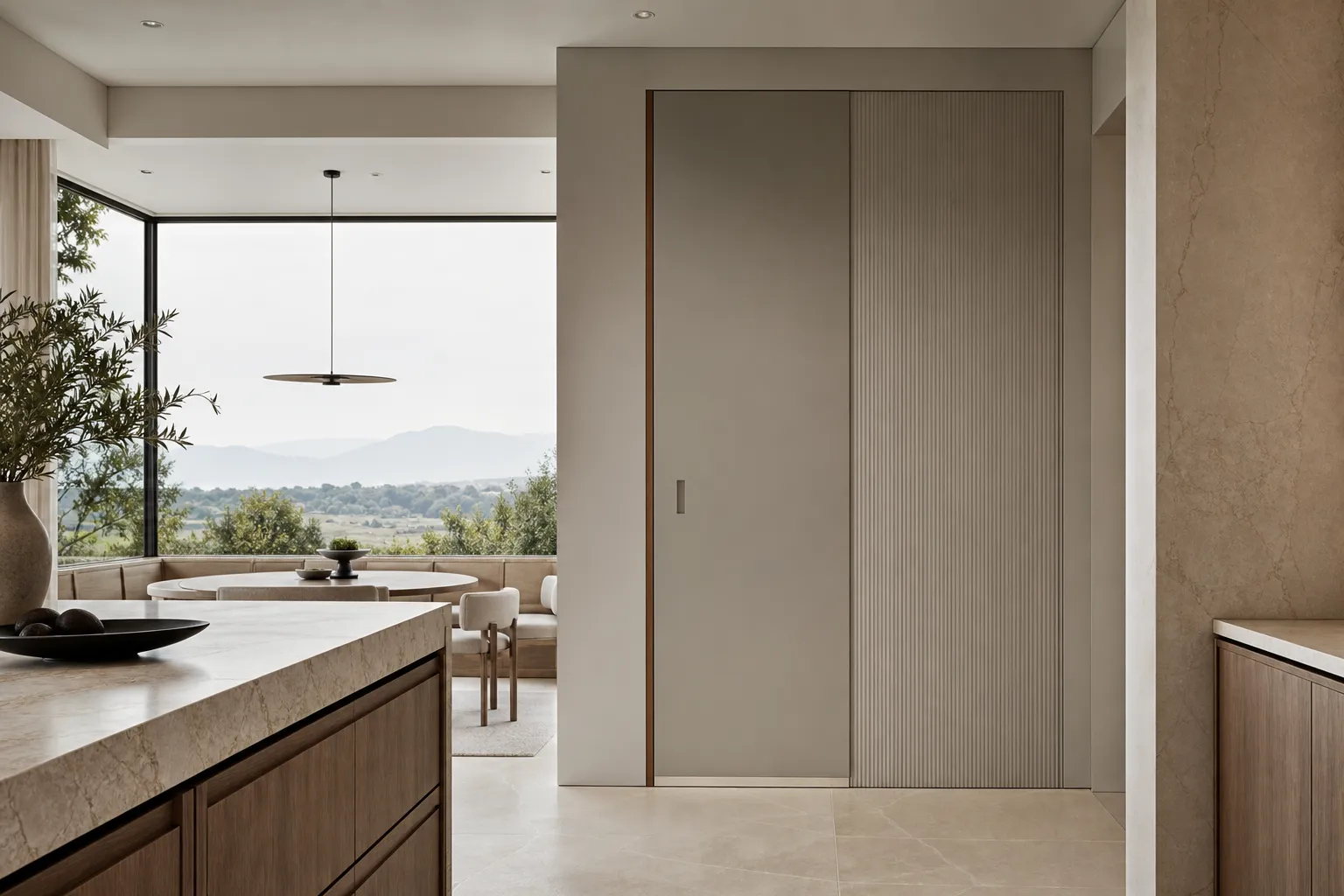 Fadior Alabaster Interior Door Suite with Pearl Reeded Pocket Door — 304 stainless steel interior door system, front view