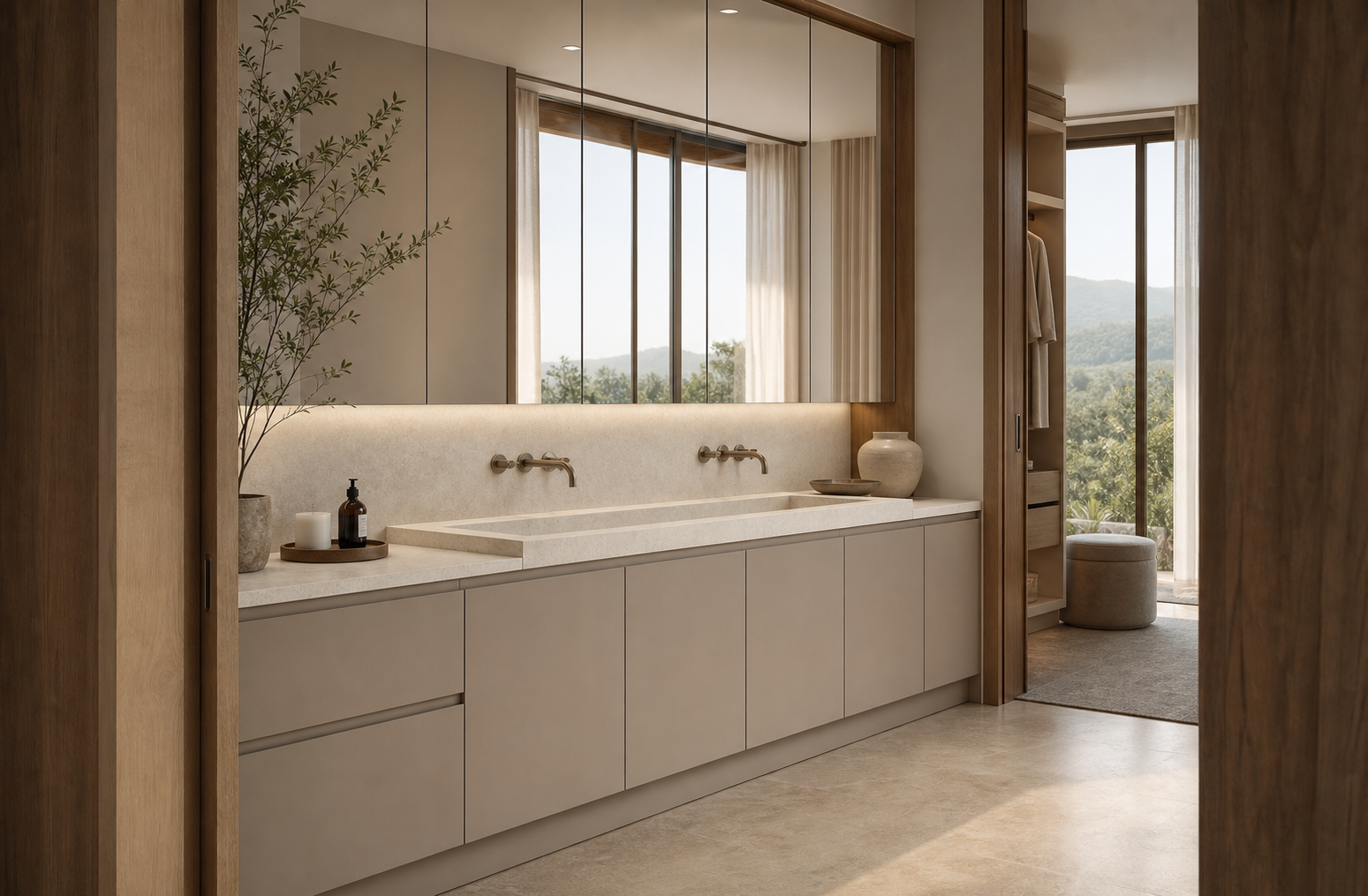 Fadior Solstice Bath and Vanity Suite with Warm Grey Basin Niche — interior room context showing cabinet integration