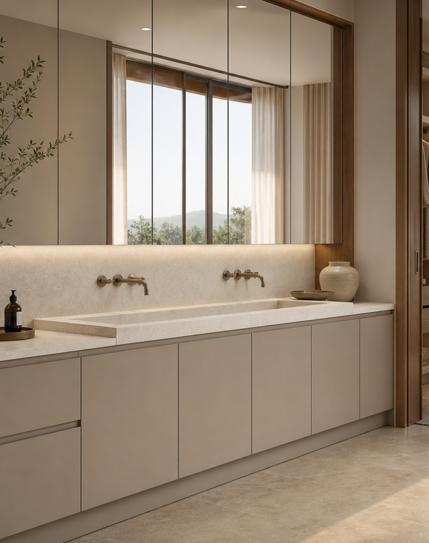 Fadior Solstice Bath and Vanity Suite with Warm Grey Basin Niche — interior room context showing cabinet integration
