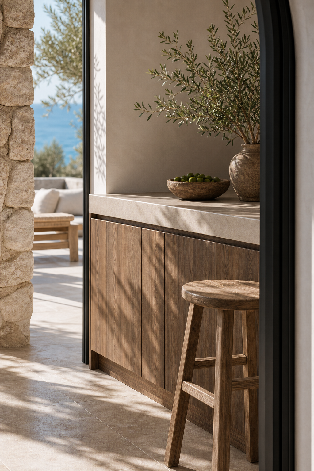 Fadior Marbella 400 sqm Kitchen Villa — cabinet face, counter edge, olive branches, stone floor