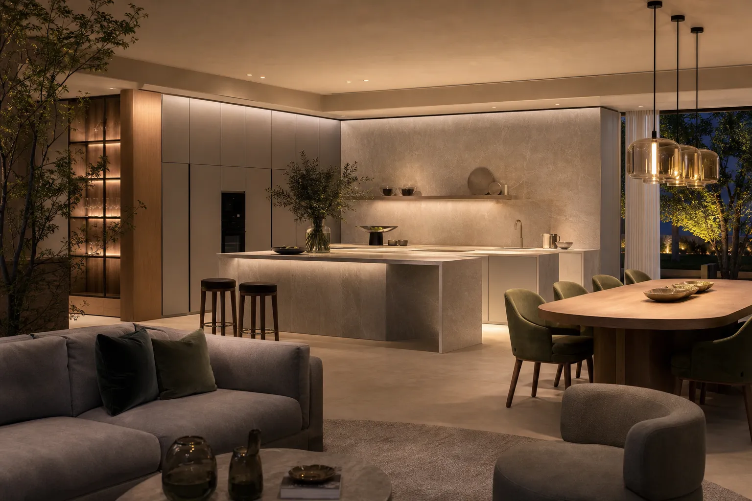 Fadior Lifestyle context: evening open-plan kitchen and dining space with muted cabinetry, oak accents, pale stone,