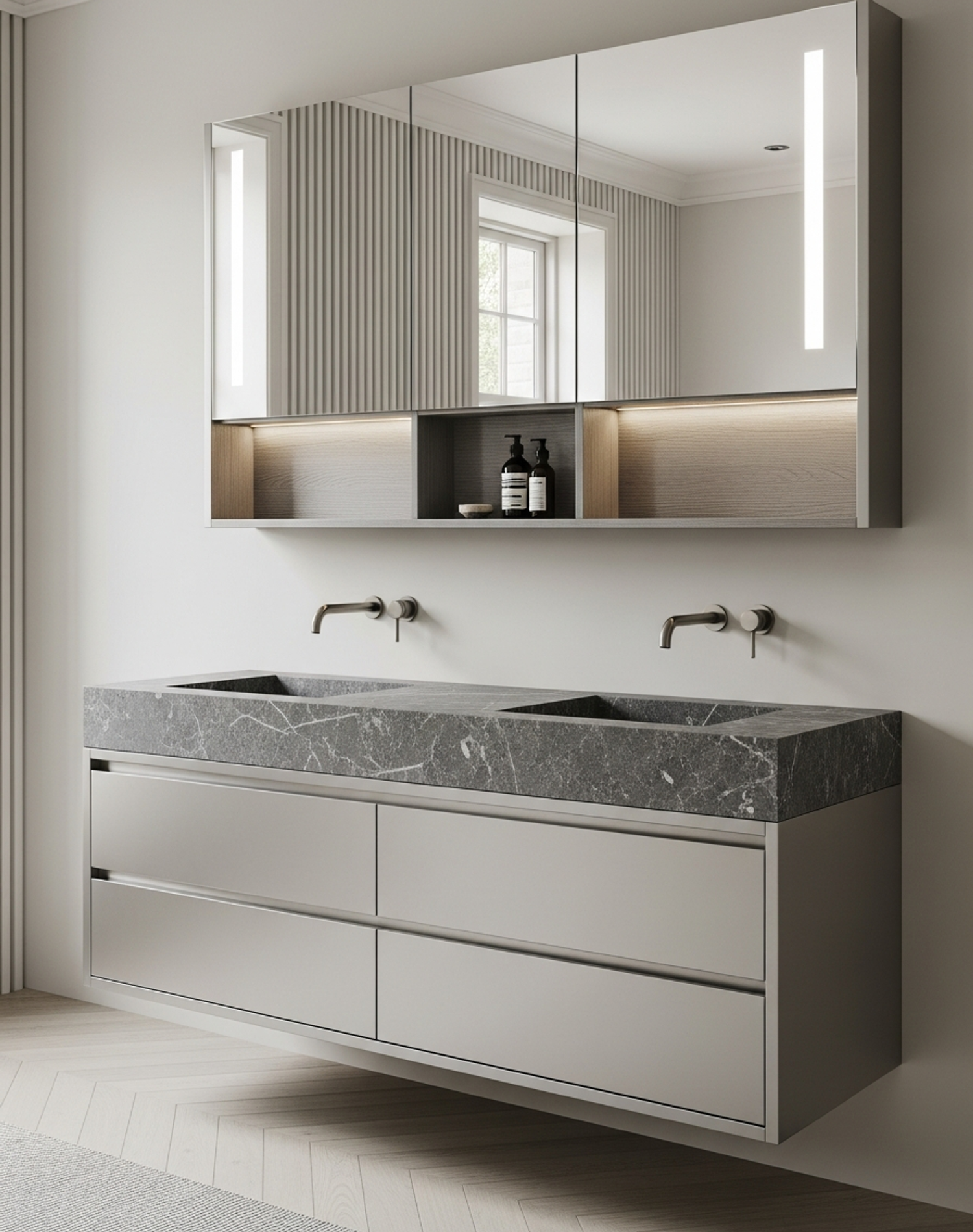 Fadior Acqua Vanity Suite — interior room context showing cabinet integration