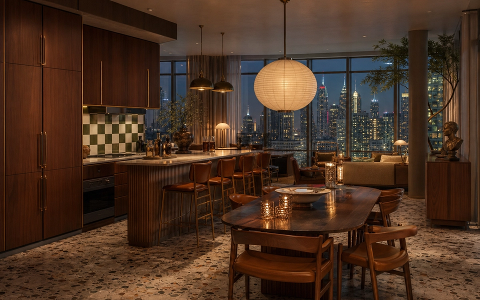 Fadior Dubai Skyline Penthouse — Dubai penthouse kitchen with breakfast bar, walnut cabinets, dining table, leather chairs, — 304 stainless steel cabinetry installation by Fadior