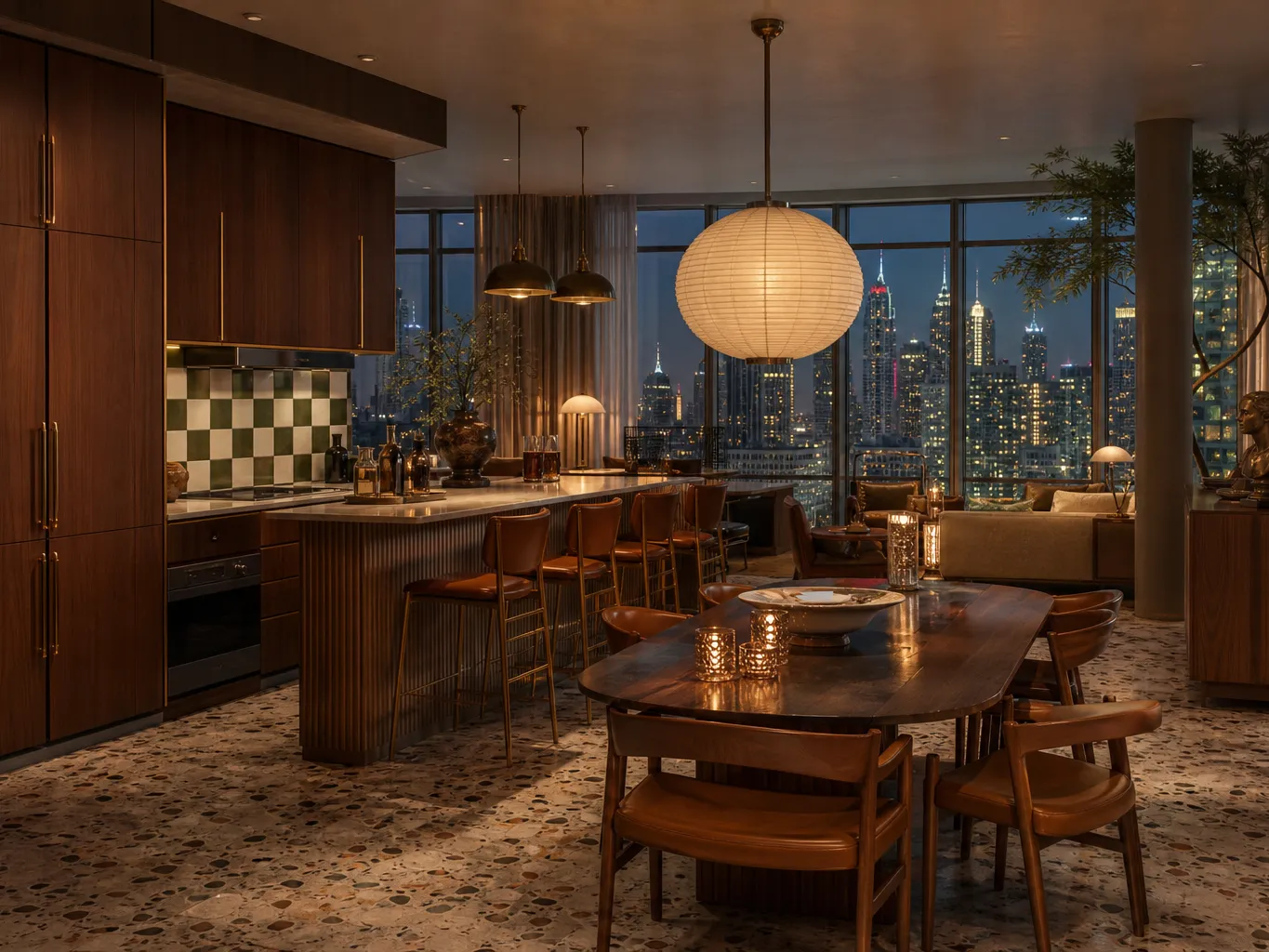 Fadior Dubai Skyline Penthouse — Dubai penthouse kitchen with breakfast bar, walnut cabinets, dining table, leather chairs,