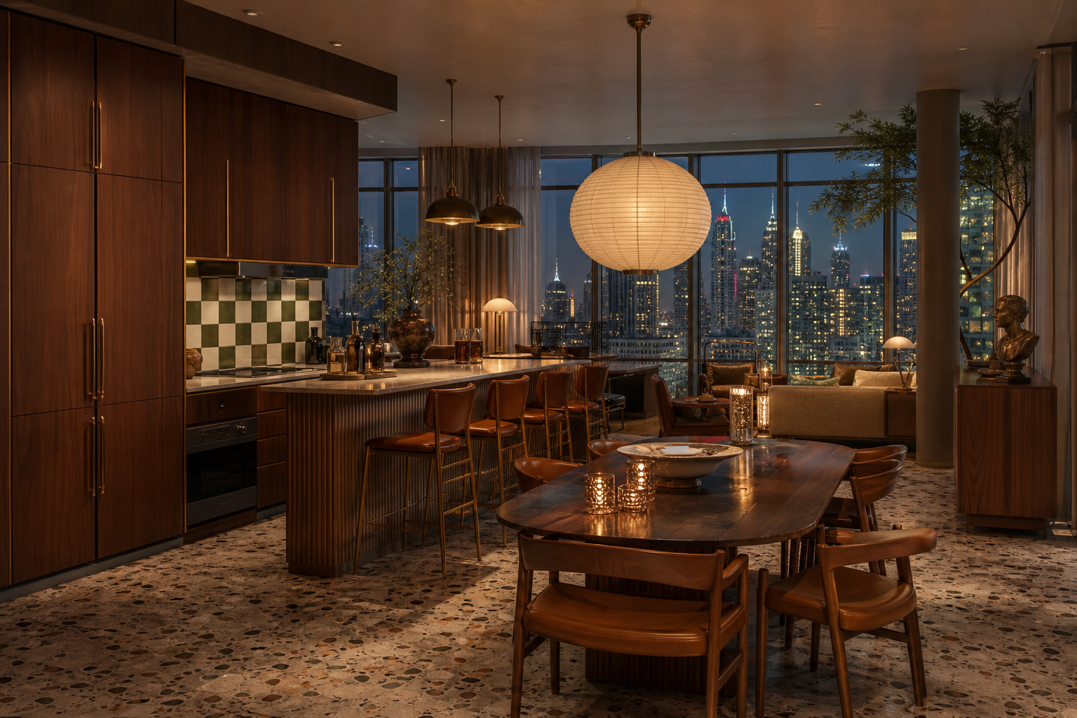 Fadior Dubai Skyline Penthouse — Dubai penthouse kitchen with breakfast bar, walnut cabinets, dining table, leather chairs, — 304 stainless