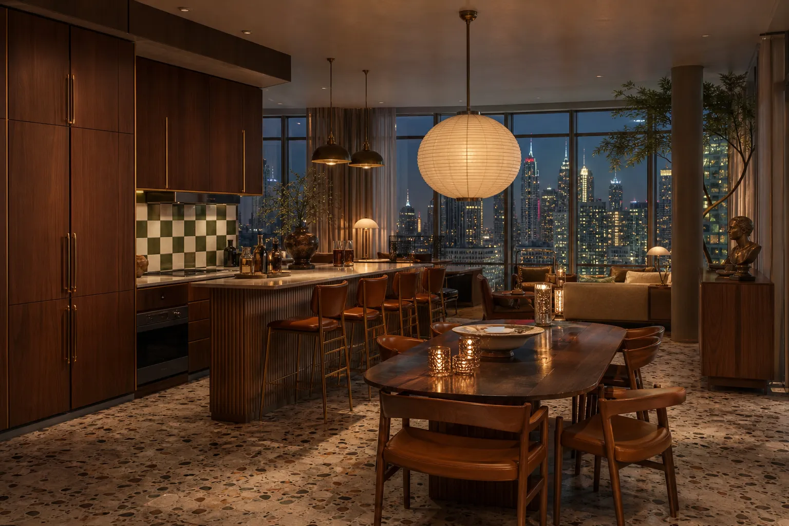 Fadior Dubai Skyline Penthouse — Dubai penthouse kitchen with breakfast bar, walnut cabinets, dining table, leather chairs, — 304 stainless