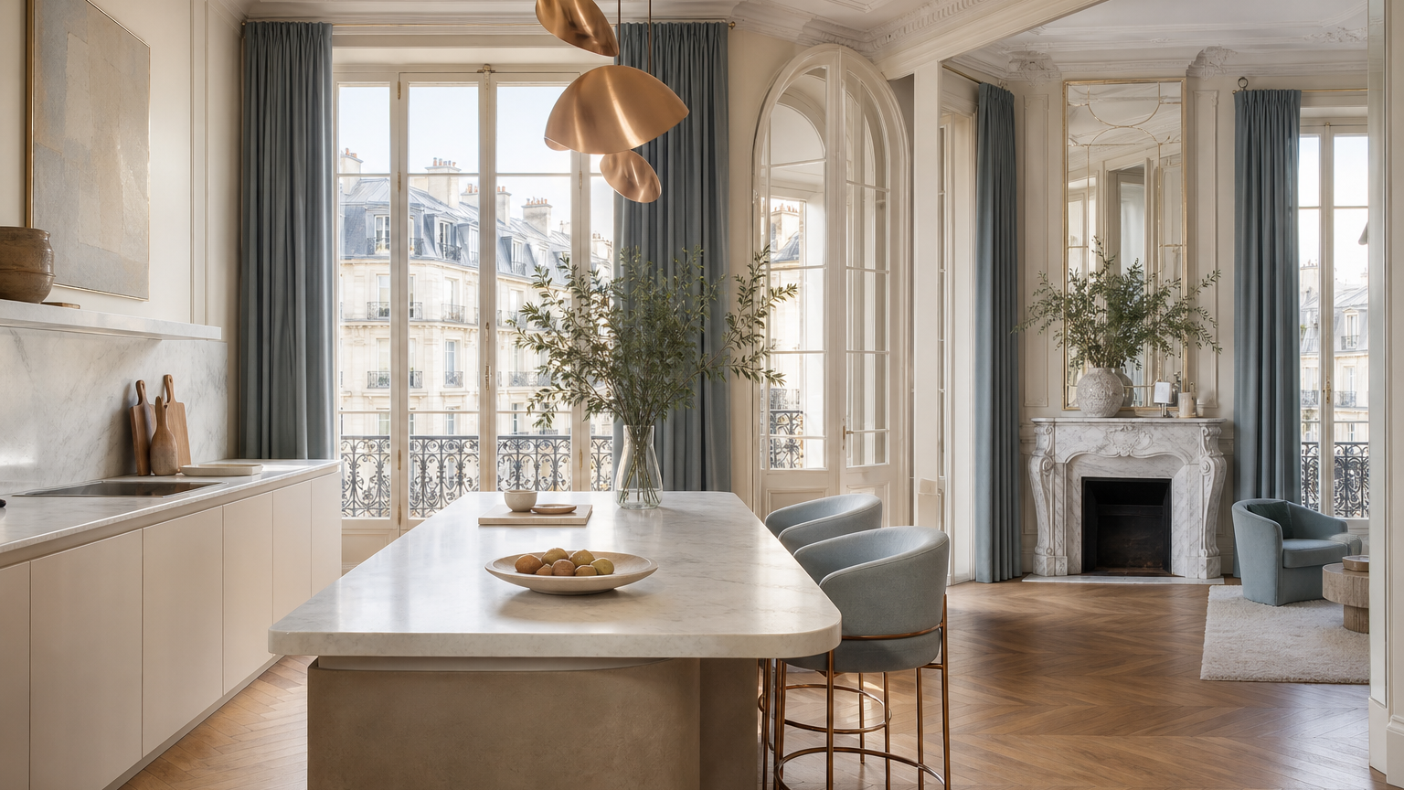 Parisian kitchen atmosphere with pale cabinetry, tall windows, and a planning-ready island for kitchen decision automation.