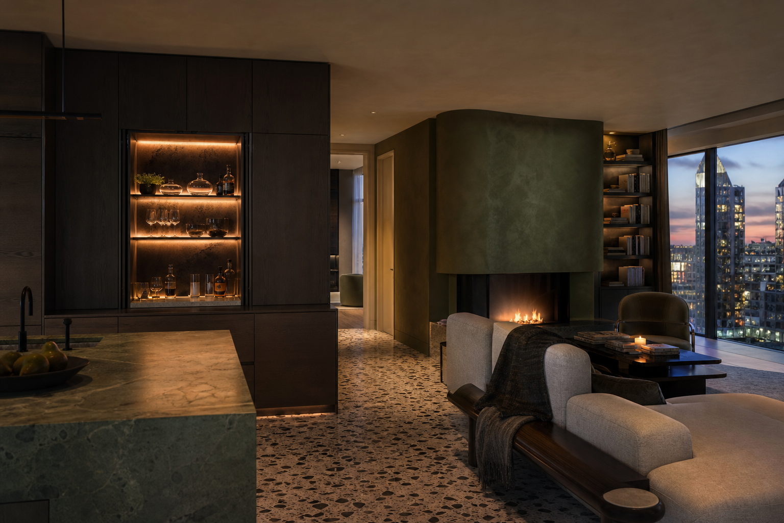 Fadior London 80 sqm Kitchen Penthouse — Fadior London living integration — oak island, dining table, plaster wall,