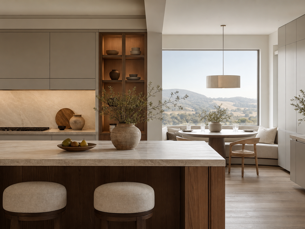 Warm grey luxury kitchen with walnut island, breakfast nook, and soft morning hills beyond the window. — 304 stainless steel cabinetry editorial by Fadior