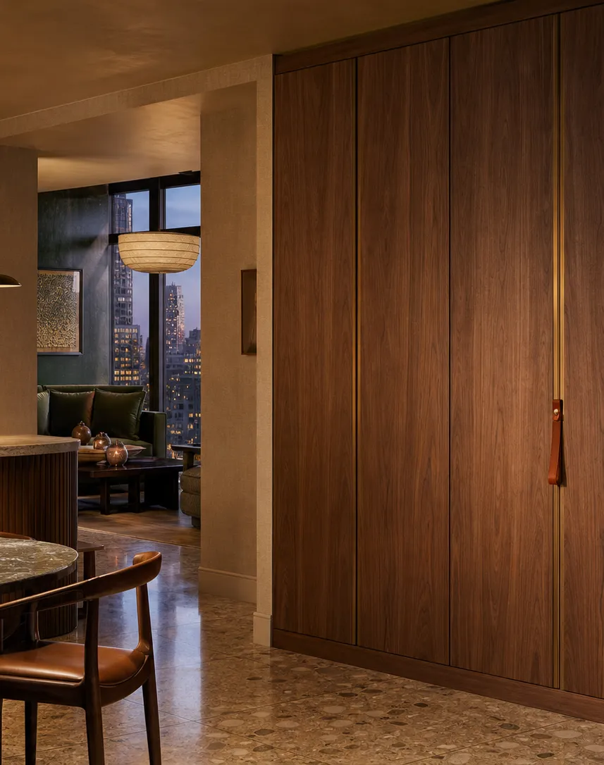 Suite de Armarios Resonance con Compartimento para Valet en Nogal Burl perspectiva interior