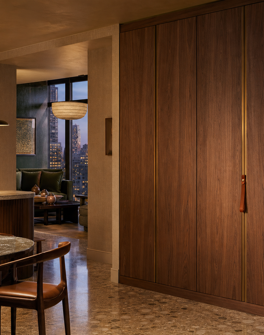 Fadior Resonance Wardrobe Suite with Burl Walnut Valet Bay — interior room context showing cabinet integration