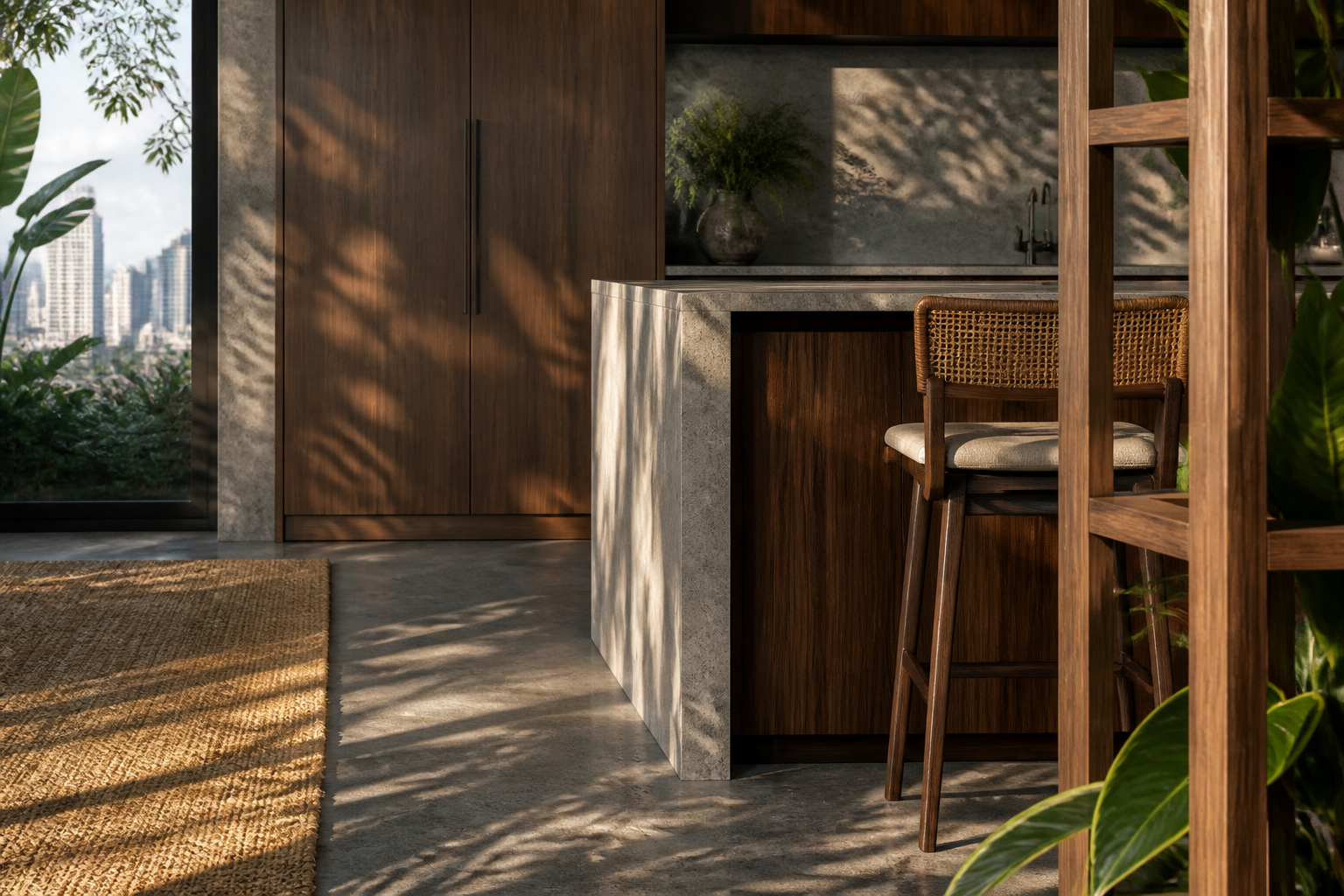Fadior Singapore Skyline Penthouse — Singapore kitchen finish detail with concrete counter, hardwood cabinet face,