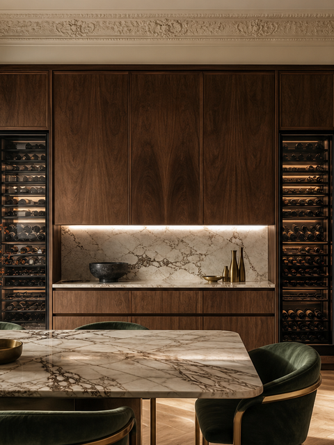 Fadior Estuary Wine Cabinet Suite with Smeg Cellar Appliance Alcove — 304 stainless steel wine cabinet system, front view