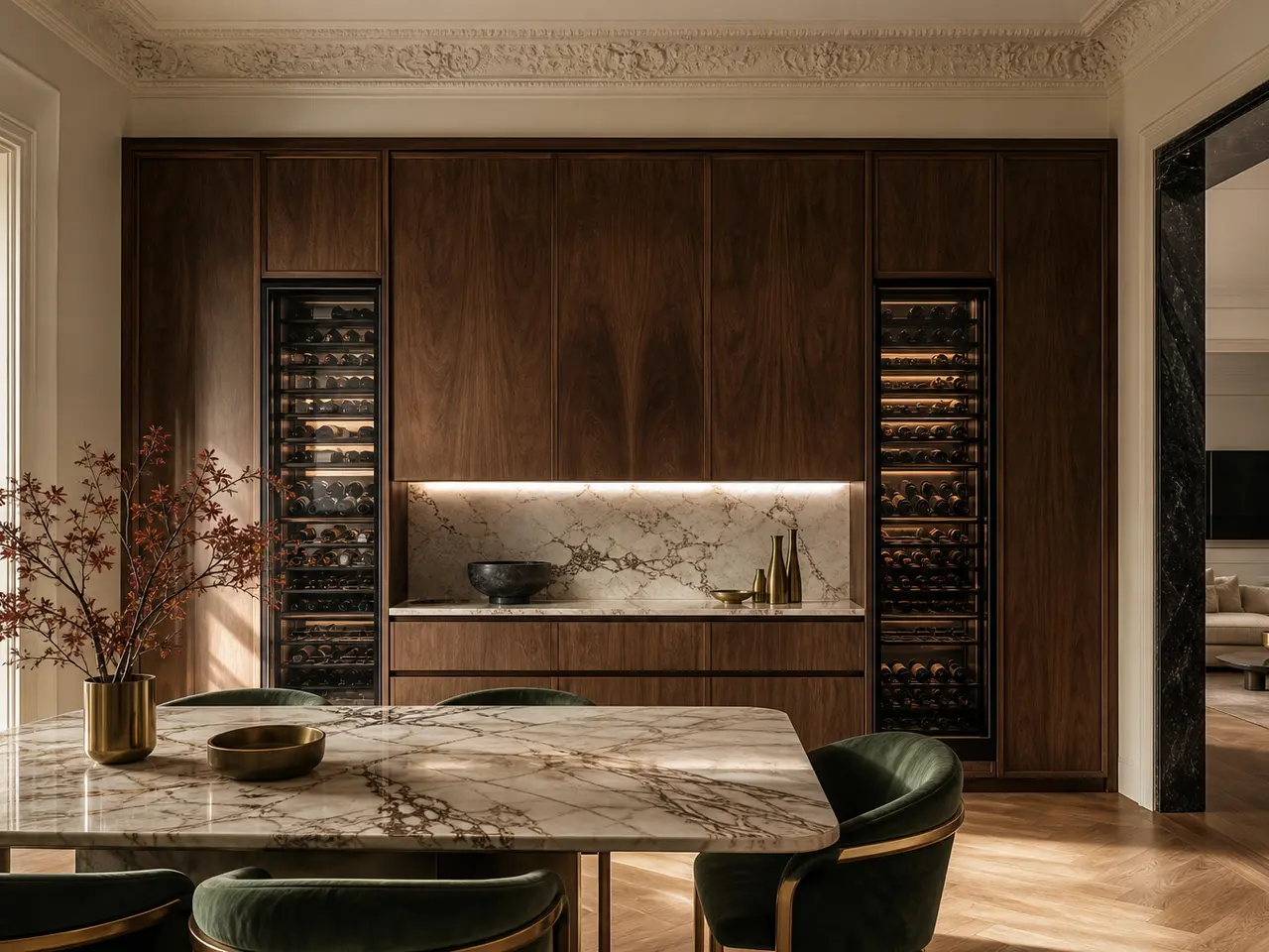 Fadior Estuary Wine Cabinet Suite with Smeg Cellar Appliance Alcove - built-in stainless steel wine cabinet with bottle display, glass-front storage, lighting, and closed reserve storage