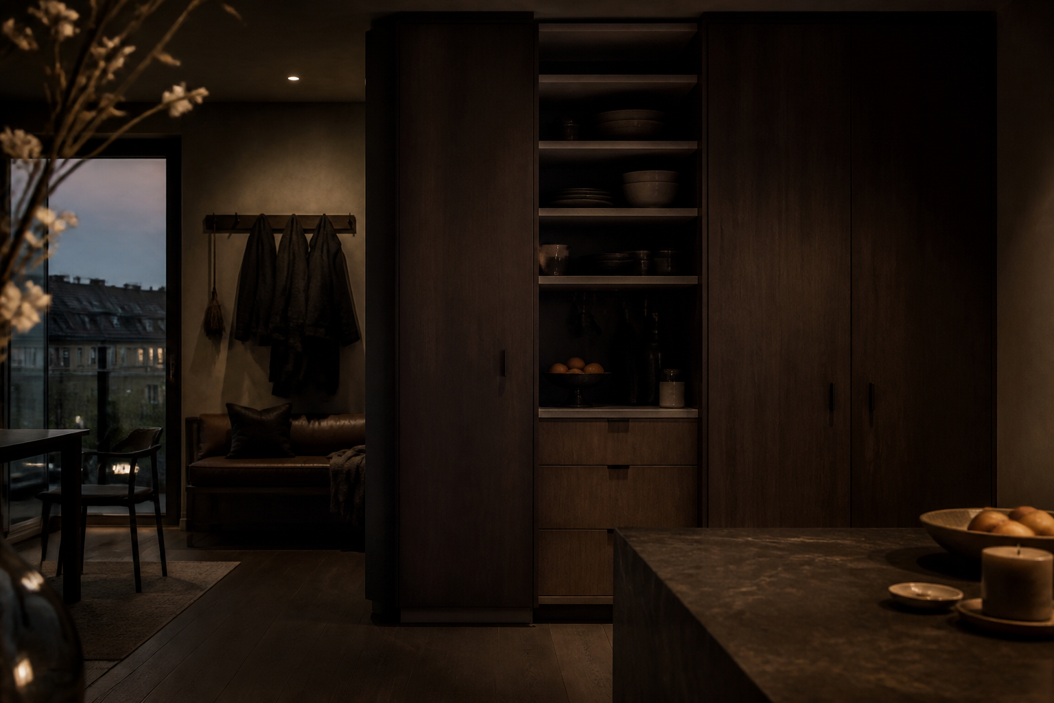 Fadior Copenhagen 140 sqm Kitchen Apartment — Tall pantry cabinets flank open shelving and drawers, with a coat rail,