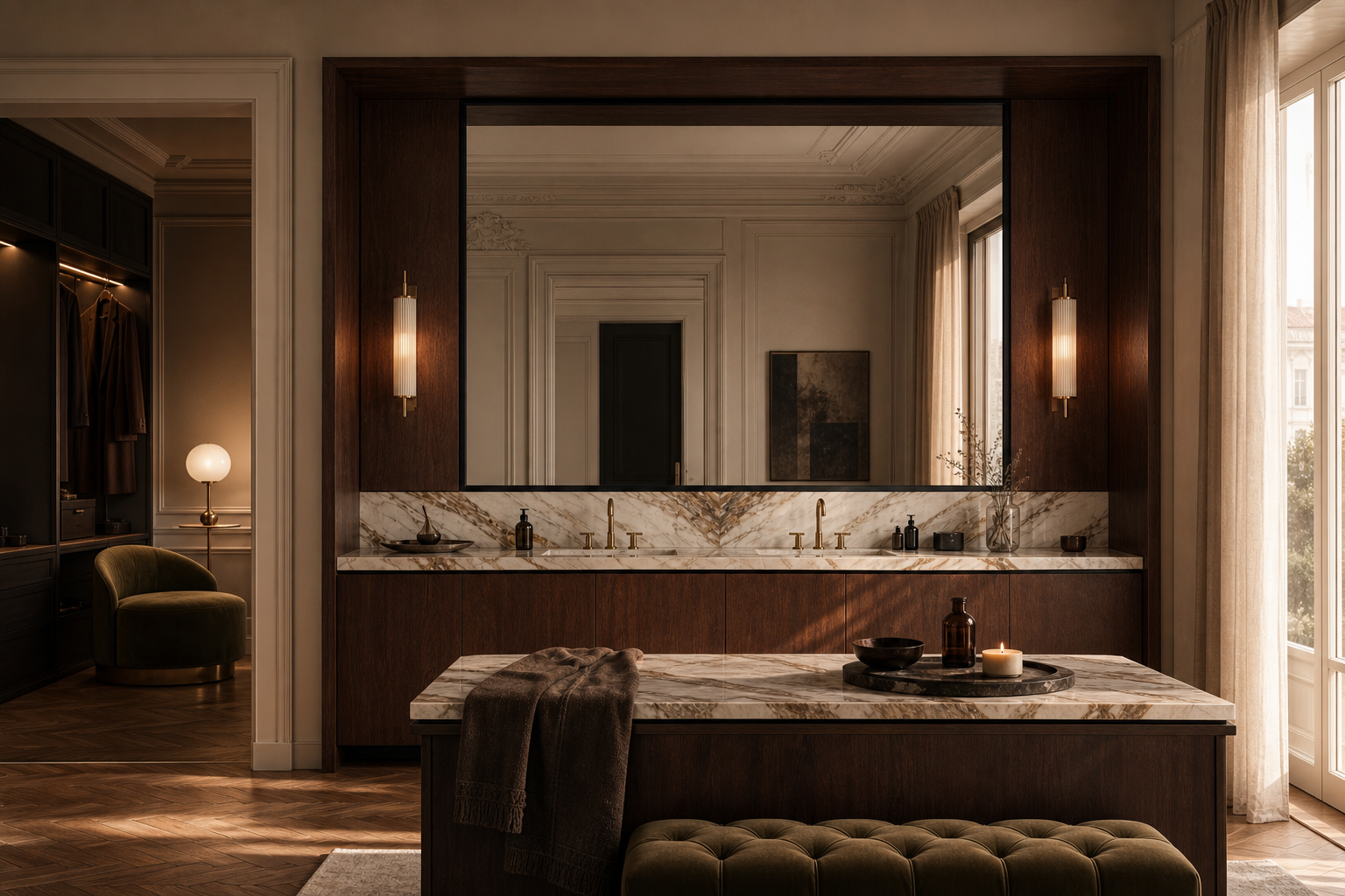 Fadior Verve Bath and Vanity Suite with Candlelit Tolerance Wash Wall — lifestyle setting with natural light and residential