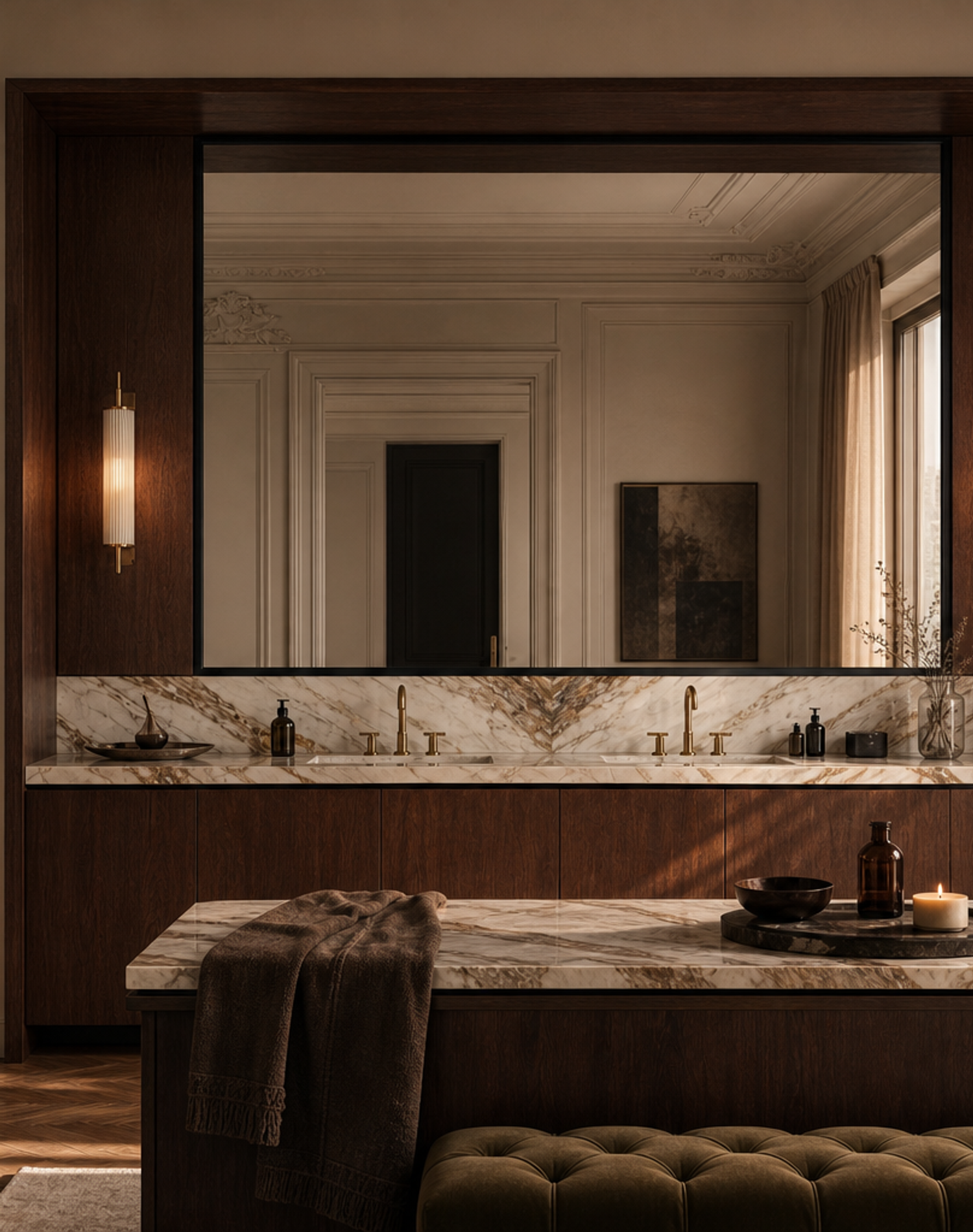 Fadior Verve Bath and Vanity Suite with Candlelit Tolerance Wash Wall — lifestyle setting with natural light and residential