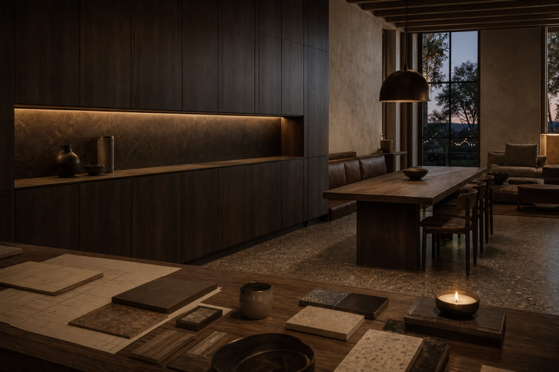 Architectural comparison scene showing a planning table, calm wall system, and whole-room kitchen continuity.