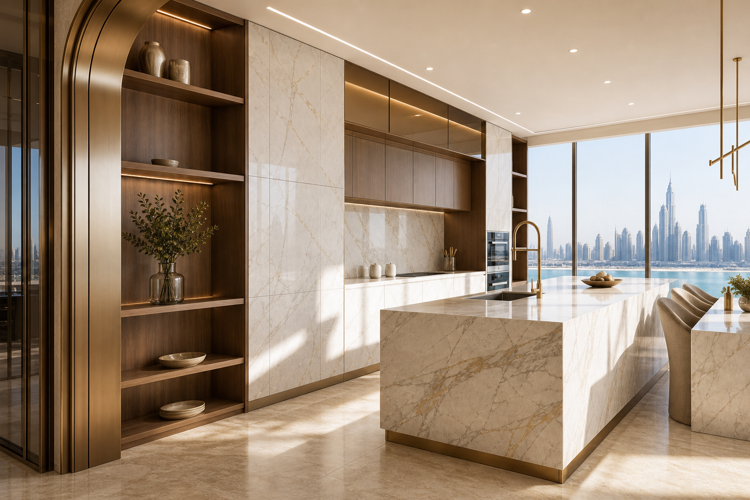 Fadior Dubai 120 sqm Kitchen Penthouse - marble counter, sink, walnut shelves, skyline window