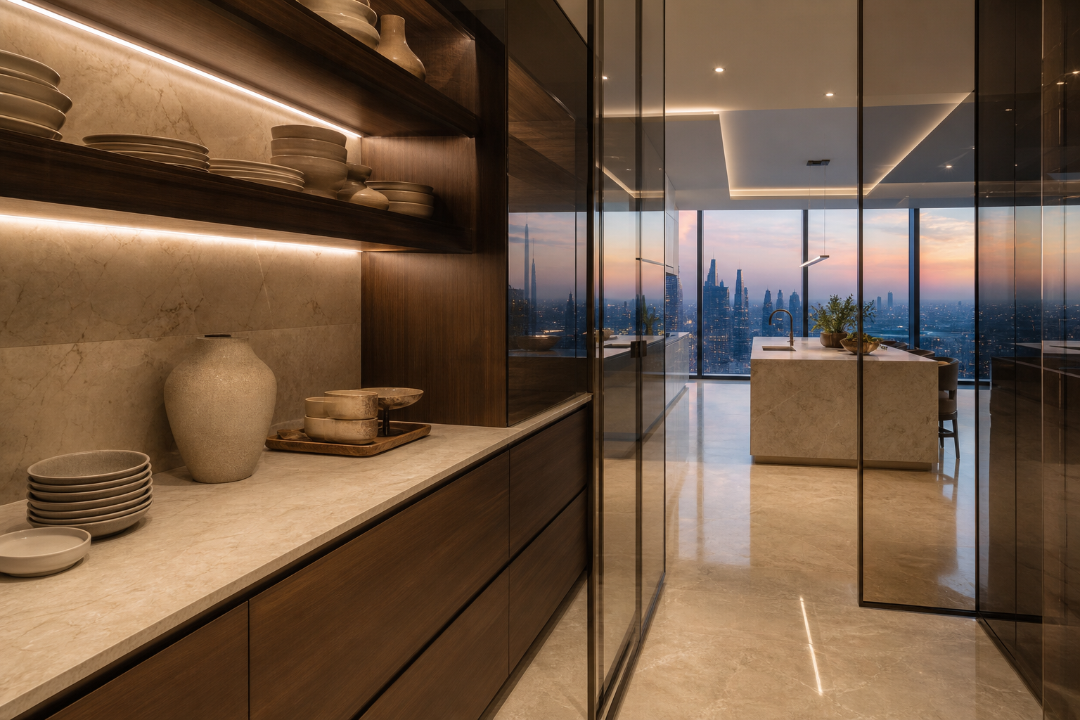 Fadior Dubai 220 sqm Kitchen Penthouse — Fadior Dubai service pantry — walnut storage, stone counter, glass wall,