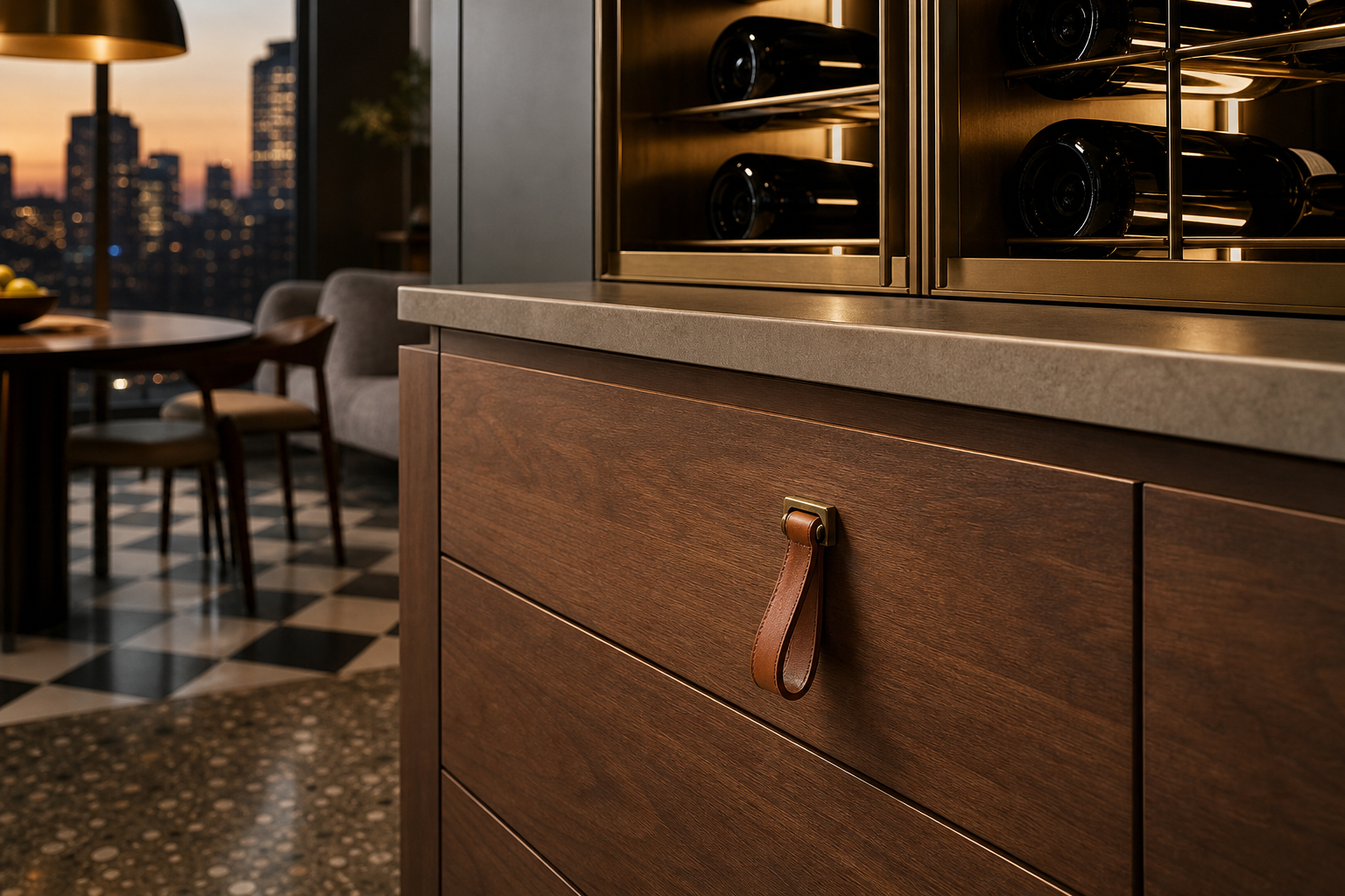 Fadior Cru Wine Cabinet Suite with Moonlit Sommelier Pouring Plinth — close-up of stainless steel finish and hardware detail