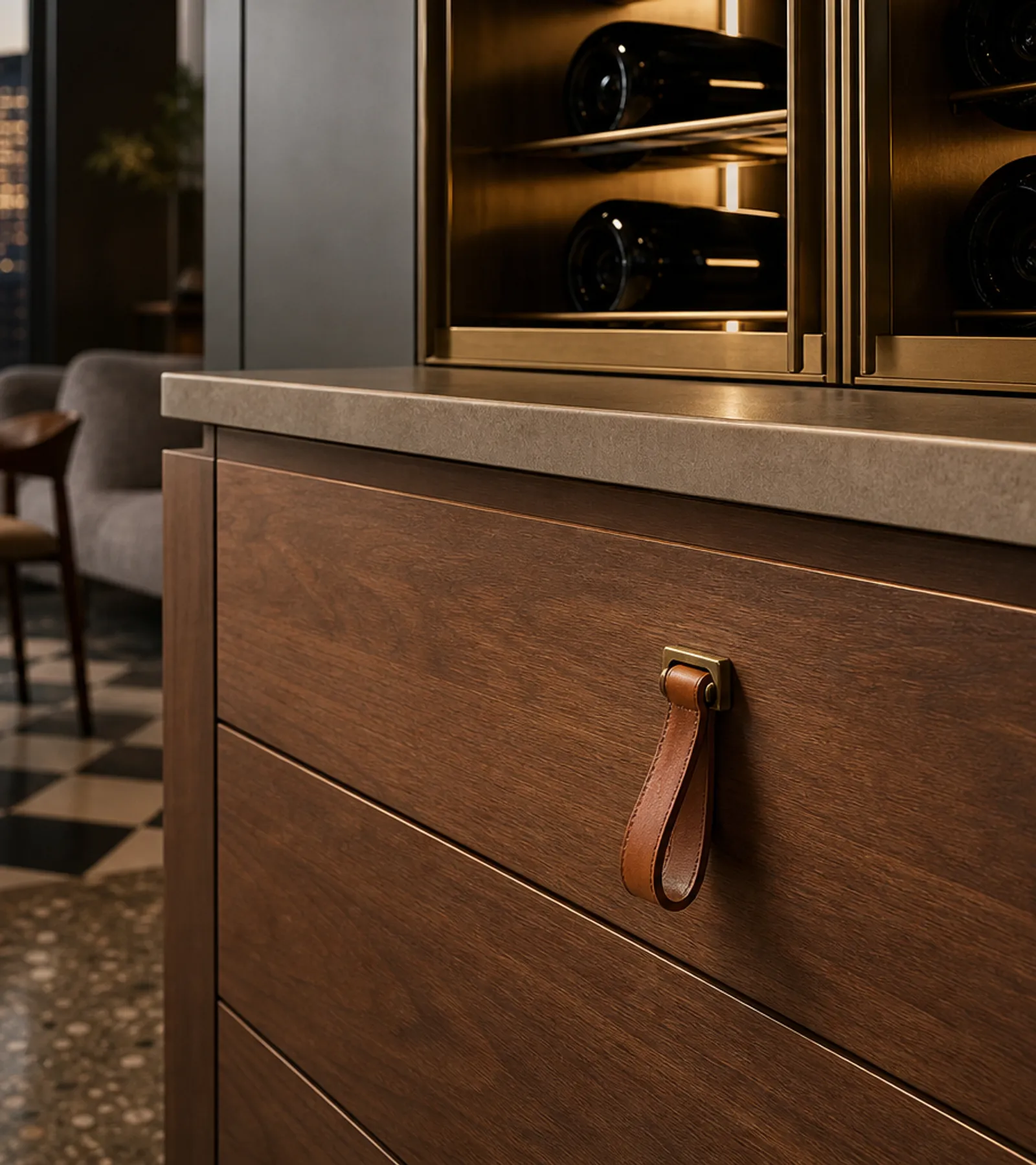 Conjunto de Armario de Vinos Cru con Plinto de Servicio Sommelier Moonlit acabado y detalle
