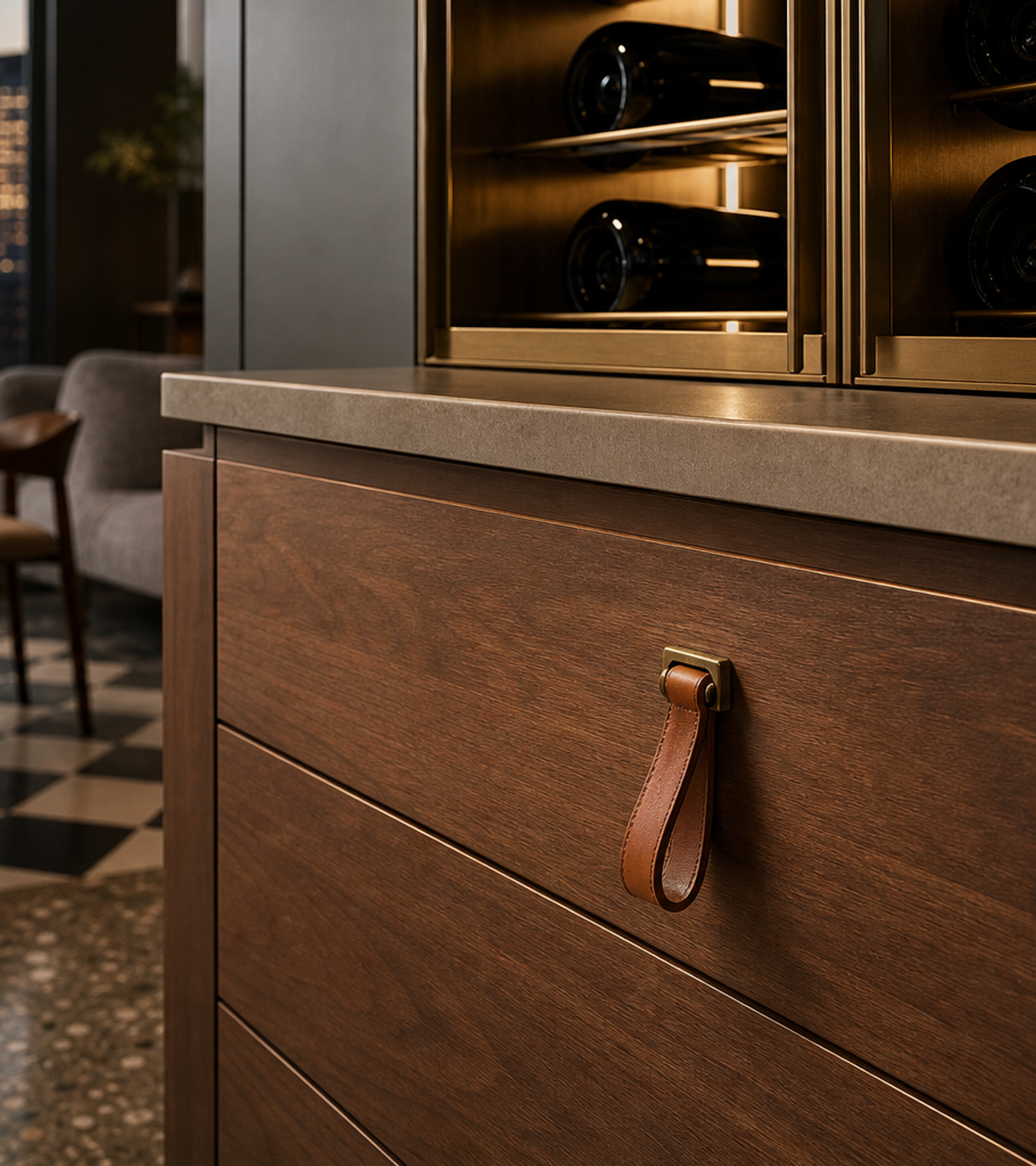 Fadior Cru Wine Cabinet Suite with Moonlit Sommelier Pouring Plinth — close-up of stainless steel finish and hardware detail