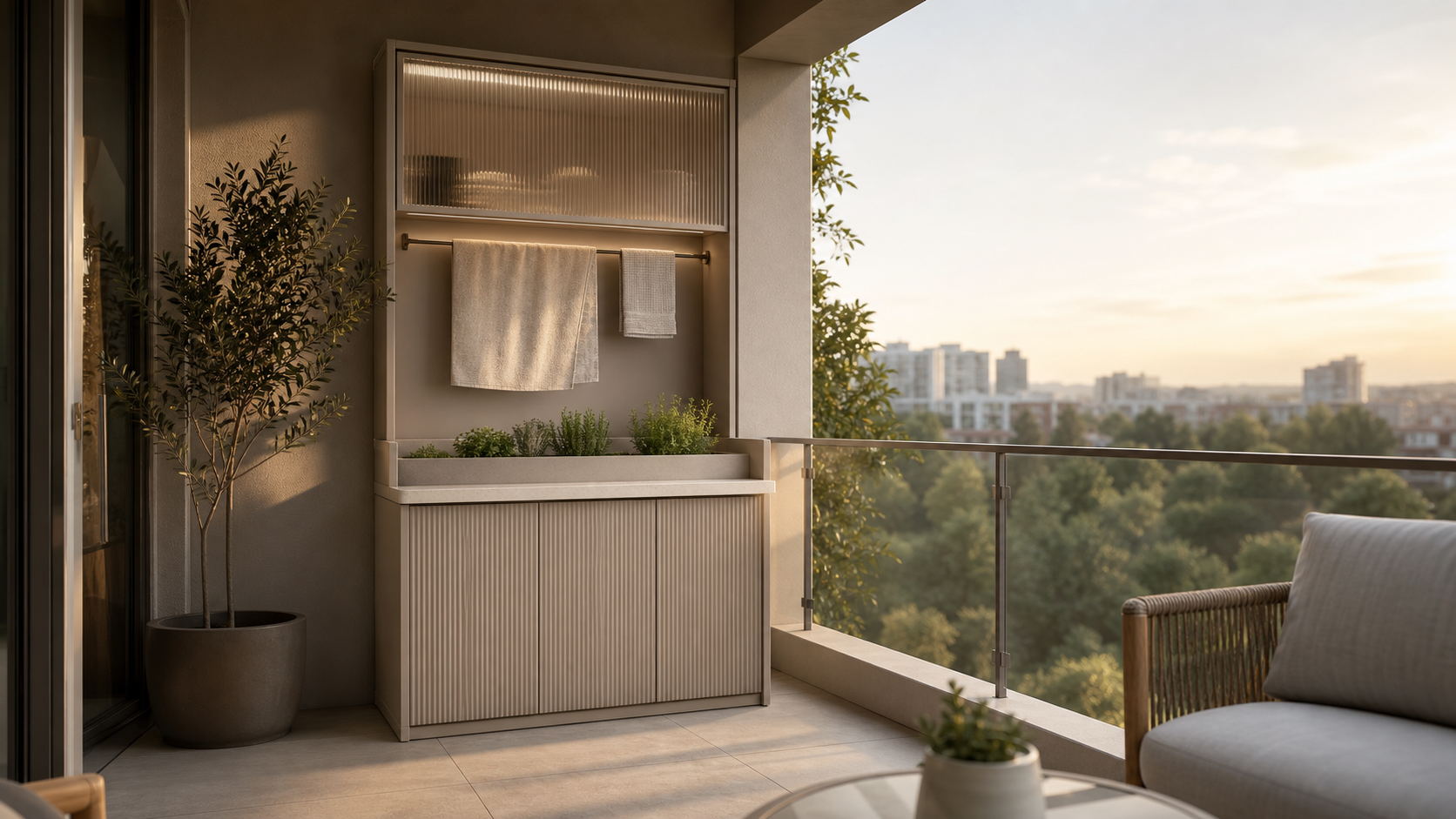 Fadior Dusk Balcony Suite with Reeded Linen Drying Hutch — lifestyle setting with natural light and residential styling