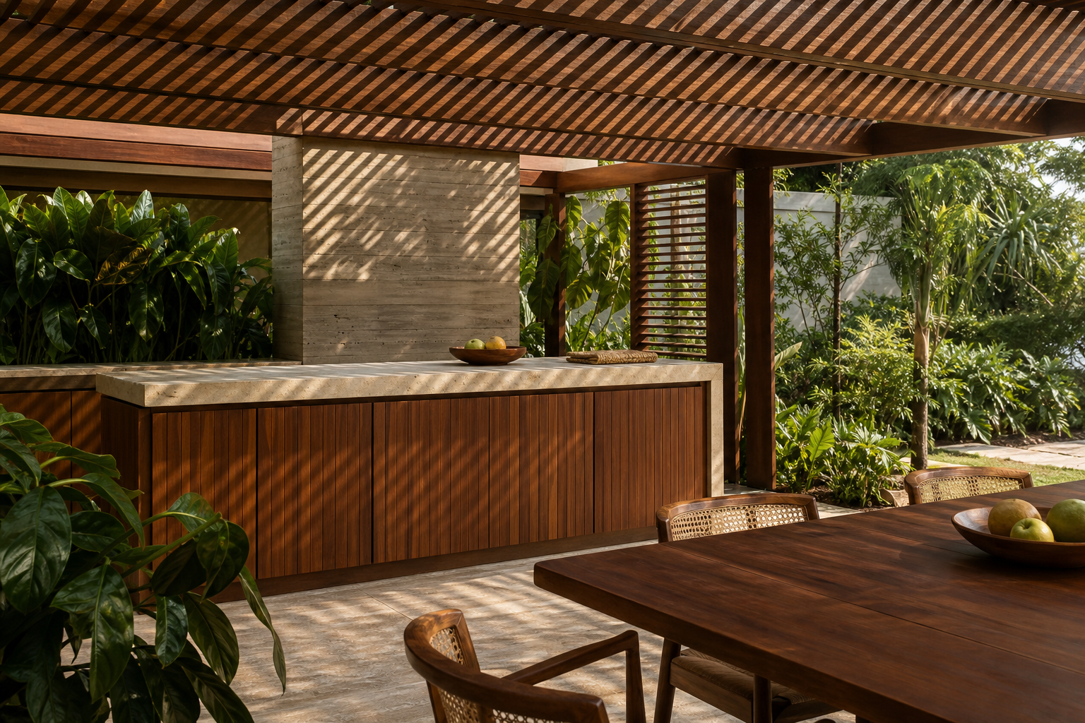 Fadior Horizon Outdoor Kitchen Suite with FSC Ipe Provision Bar — lifestyle setting with natural light and residential