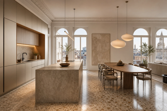 Fadior Milan 125 sqm Kitchen Penthouse — champagne cabinet wall, stone island, arched windows, terrazzo floor, oak dining table, city rooftops