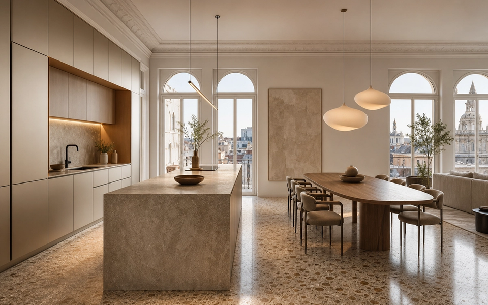 Fadior Milan 125 sqm Kitchen Penthouse — champagne cabinet wall, stone island, arched windows, terrazzo floor, oak dining table, city rooftops — 304 stainless steel cabinetry installation by Fadior