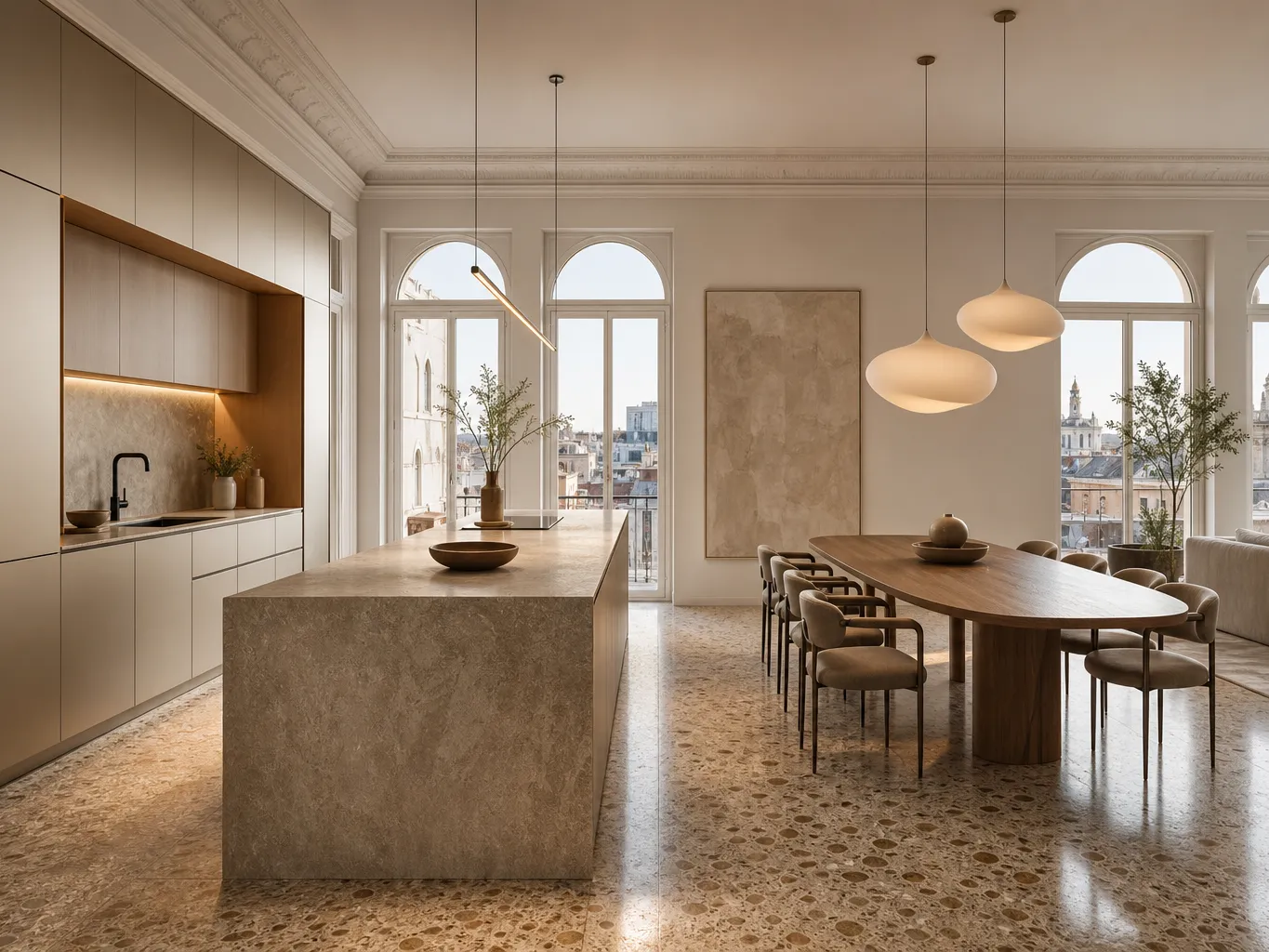 Fadior Milan 125 sqm Kitchen Penthouse — champagne cabinet wall, stone island, arched windows, terrazzo floor,